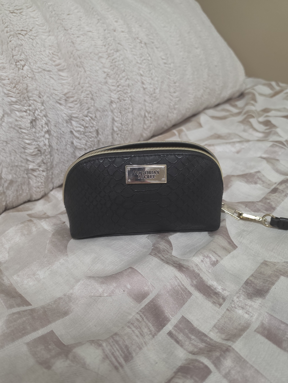 Victoria's Secret Black Textured Cosmetic Wristlet with Gold Hardware